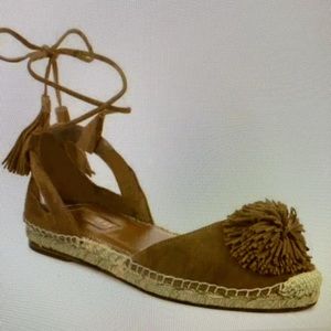 Aquazzura Sunshine Pom-Pom Latte Suede Espadrille Ankle Straps 7.5 US  37.5 EU